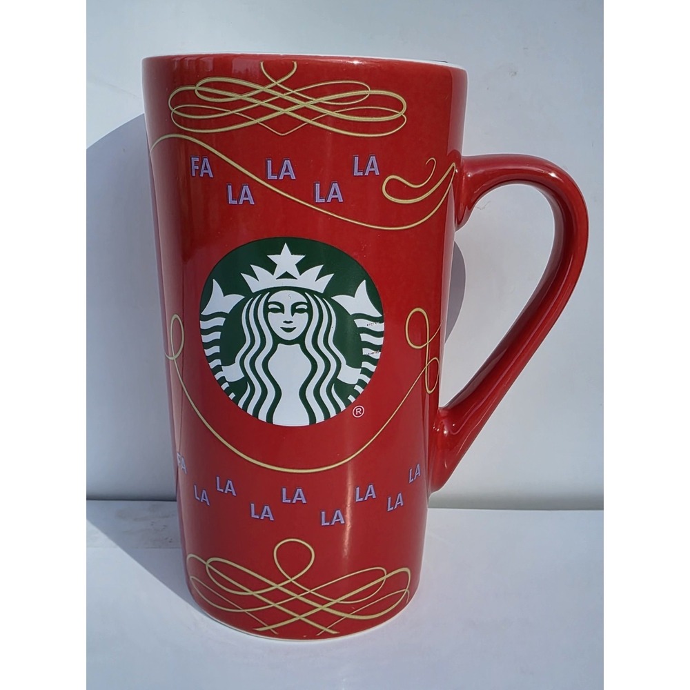 Starbucks 2020 Ceramic Travel Cup Mug 14oz Christmas Lid FA LA LA LA LA Red